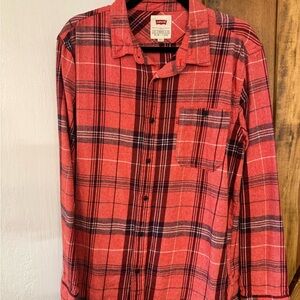 Levi's Men's Orange Red and Black Plaid Button Down Shirt